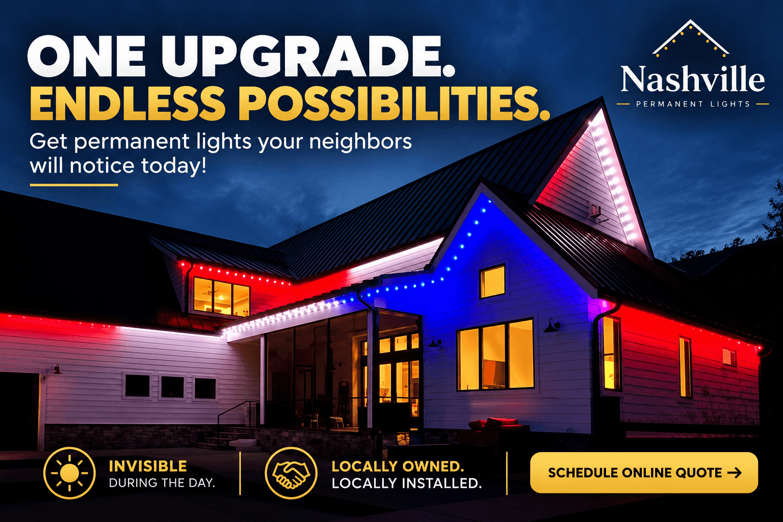 A home with red, white and blue permanent roofline lights at night